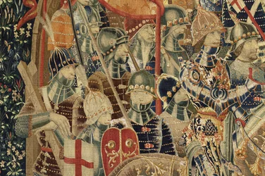 Gobeläng som visar erövringarna av kung Alfonso V av Portugal (Conquistas de Alfonso V de Portugal), Tournai. Detalj. (Ull och siden)
