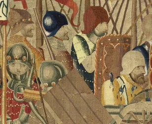 Gobeläng som visar erövringarna av kung Alfonso V av Portugal (Conquistas de Alfonso V de Portugal), Tournai. Detalj. (Ull och siden)