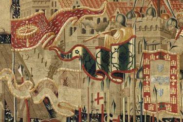 Gobeläng som visar erövringarna av kung Alfonso V av Portugal (Conquistas de Alfonso V de Portugal), Tournai. Detalj. (Ull och siden)