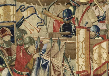 Gobeläng som visar erövringarna av kung Alfonso V av Portugal (Conquistas de Alfonso V de Portugal), Tournai. Detalj. (Ull och siden)
