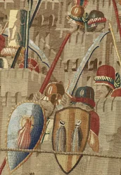 Gobeläng som visar erövringarna av kung Alfonso V av Portugal (Conquistas de Alfonso V de Portugal), Tournai. Detalj. (Ull och siden)