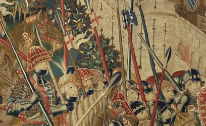 Gobeläng som visar erövringarna av kung Alfonso V av Portugal (Conquistas de Alfonso V de Portugal), Tournai. Detalj. (Ull och siden)