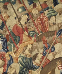 Gobeläng som visar erövringarna av kung Alfonso V av Portugal (Conquistas de Alfonso V de Portugal), Tournai. Detalj. (Ull och siden)