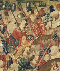 Gobeläng som visar erövringarna av kung Alfonso V av Portugal (Conquistas de Alfonso V de Portugal), Tournai. Detalj. (Ull och siden)