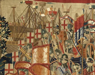 Gobeläng som visar erövringarna av kung Alfonso V av Portugal (Conquistas de Alfonso V de Portugal), Tournai. Detalj. (Ull och siden)
