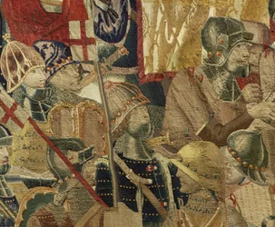 Gobeläng som visar erövringarna av kung Alfonso V av Portugal (Conquistas de Alfonso V de Portugal), Tournai. Detalj. (Ull och siden)