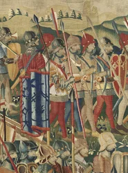 Gobeläng som visar erövringarna av kung Alfonso V av Portugal (Conquistas de Alfonso V de Portugal), Tournai. Detalj. (Ull och siden)