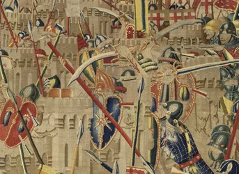 Gobeläng som visar erövringarna av kung Alfonso V av Portugal (Conquistas de Alfonso V de Portugal), Tournai. Detalj. (Ull och siden)