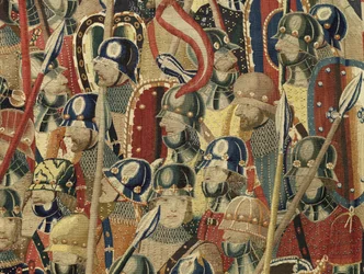 Gobeläng som visar erövringarna av kung Alfonso V av Portugal (Conquistas de Alfonso V de Portugal), Tournai. Detalj. (Ull och siden)
