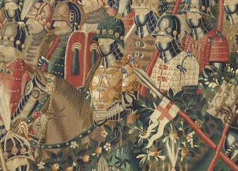 Gobeläng som visar erövringarna av kung Alfonso V av Portugal (Conquistas de Alfonso V de Portugal), Tournai. Detalj. (Ull och siden)