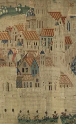 Gobeläng som visar erövringarna av kung Alfonso V av Portugal (Conquistas de Alfonso V de Portugal), Tournai. Detalj. (Ull och siden)