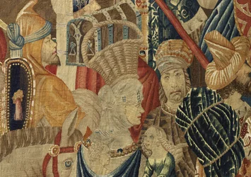Gobeläng som visar erövringarna av kung Alfonso V av Portugal (Conquistas de Alfonso V de Portugal), Tournai. Detalj. (Ull och siden)