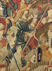 Gobeläng som visar erövringarna av kung Alfonso V av Portugal (Conquistas de Alfonso V de Portugal), Tournai. Detalj. (Ull och siden)