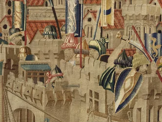 Gobeläng som visar erövringarna av kung Alfonso V av Portugal (Conquistas de Alfonso V de Portugal), Tournai. Detalj. (Ull och siden)