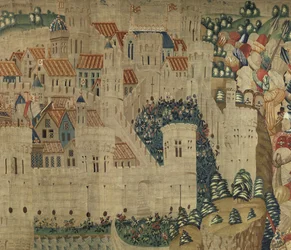 Gobeläng som visar erövringarna av kung Alfonso V av Portugal (Conquistas de Alfonso V de Portugal), Tournai. Detalj. (Ull och siden)