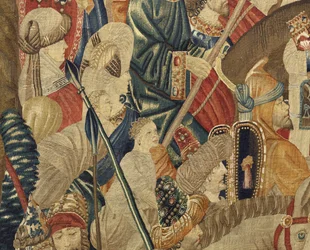 Gobeläng som visar erövringarna av kung Alfonso V av Portugal (Conquistas de Alfonso V de Portugal), Tournai. Detalj. (Ull och siden)