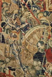Gobeläng som visar erövringarna av kung Alfonso V av Portugal (Conquistas de Alfonso V de Portugal), Tournai. Detalj. (Ull och siden)