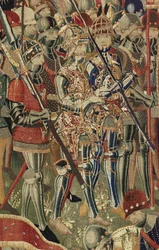 Gobeläng som visar erövringarna av kung Alfonso V av Portugal (Conquistas de Alfonso V de Portugal), Tournai. Detalj. (Ull och siden)