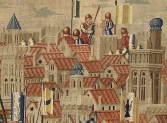 Gobeläng som visar erövringarna av kung Alfonso V av Portugal (Conquistas de Alfonso V de Portugal), Tournai. Detalj. (Ull och siden)
