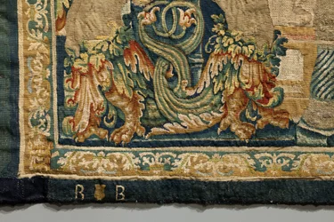 Gobeläng som visar erövringarna av kung Alfonso V av Portugal (Conquistas de Alfonso V de Portugal), Tournai. Detalj. (Ull och siden)