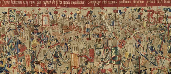 Gobeläng som visar erövringarna av kung Alfonso V av Portugal (Conquistas de Alfonso V de Portugal), Tournai. Detalj. (Ull och siden)
