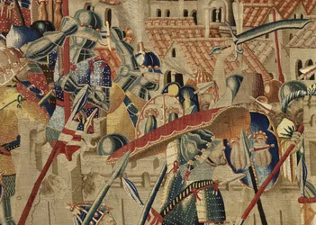 Gobeläng som visar erövringarna av kung Alfonso V av Portugal (Conquistas de Alfonso V de Portugal), Tournai. Detalj. (Ull och siden)