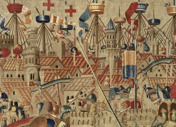 Gobeläng som visar erövringarna av kung Alfonso V av Portugal (Conquistas de Alfonso V de Portugal), Tournai. Detalj. (Ull och siden)
