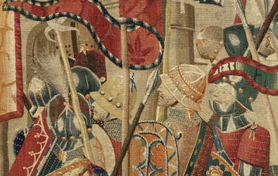 Gobeläng som visar erövringarna av kung Alfonso V av Portugal (Conquistas de Alfonso V de Portugal), Tournai. Detalj. (Ull och siden)