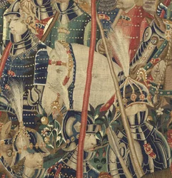 Gobeläng som visar erövringarna av kung Alfonso V av Portugal (Conquistas de Alfonso V de Portugal), Tournai. Detalj. (Ull och siden)