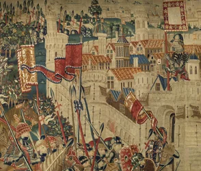 Gobeläng som visar erövringarna av kung Alfonso V av Portugal (Conquistas de Alfonso V de Portugal), Tournai. Detalj. (Ull och siden)