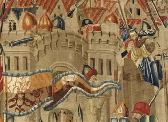 Gobeläng som visar erövringarna av kung Alfonso V av Portugal (Conquistas de Alfonso V de Portugal), Tournai. Detalj. (Ull och siden)