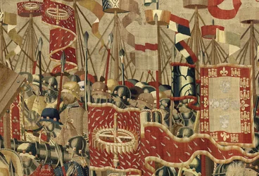 Gobeläng som visar erövringarna av kung Alfonso V av Portugal (Conquistas de Alfonso V de Portugal), Tournai. Detalj. (Ull och siden)