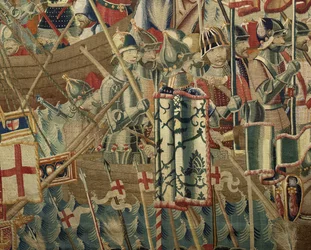 Gobeläng som visar erövringarna av kung Alfonso V av Portugal (Conquistas de Alfonso V de Portugal), Tournai. Detalj. (Ull och siden)