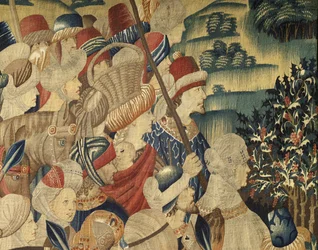 Gobeläng som visar erövringarna av kung Alfonso V av Portugal (Conquistas de Alfonso V de Portugal), Tournai. Detalj. (Ull och siden)