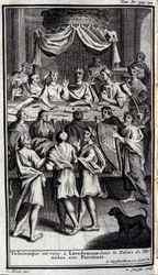 Telemaque tas emot i Lacedemone i Menelas palats med Pisistrate. Illustration till bok IV av Odyssee av Homere, i Odyssee, publicerad i Amsterdam 1731, Milano.