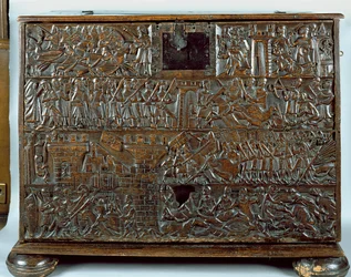 Courtrai-kistan som visar scener från slaget vid Golden Spurs som utkämpades i Courtrai 1302 (trä)