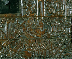 Courtrai-kistan som visar två scener från slaget vid de gyllene sporrarna som utkämpades i Courtrai 1302 (trä) (detalj)