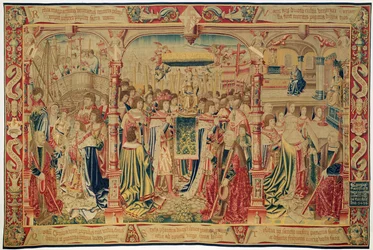 Jungfrustatyn bärs in i kyrkan, från legenden om Notre Dame du Sablon, Bryssel Workshop, 1516