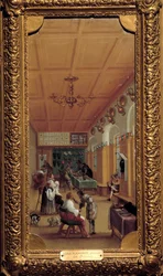 Frisörsalongen”” Målning av den flamländska skolan. början av 1600-talet. Dijon, Museum of Fine Arts