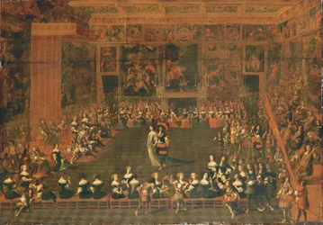Öppnandet av en bal i ett palatsliknt samlingsrum, ca 1660-70