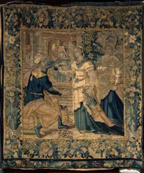 Universitetets samlingar. flamländsk gobeläng. Jetros döttrar berättar för sin far om att ha träffat Moses. Oudenaarde. Ca 1550.