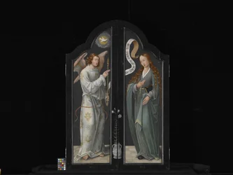 Triptyk med jungfru och barn, St. Barbara och St. Catherine (olja på trä)