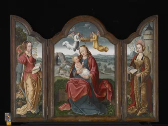 Triptyk med Jungfrun och barnet, St. Barbara och St. Catherine (olja på trä)