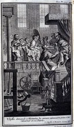 Ullysse ber Alcinous (Alcinoos) om nödvändig hjälp för att återvända till sitt hemland. Illustration för bok VII av Odyssee av Homere, i Odyssee, publicerad i Amsterdam 1731, Collection privee Milan.