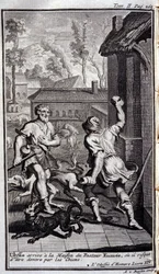 Ulysses anländer till pastor Eumees hus, eller så kan han bli förälskad av hundar. Illustration för bok XIV de l