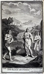 Ulysses flyr från skeppsvraket, och även om han är naken men med våld av nödvändighet närmar sig Nausicaa, dotter till Antinous (Antinoos). Illustration till bok VI av Odyssee av Homere, i Odyssee, publicerad i Amsterdam 1731, Milano.