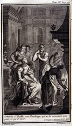 Ulysses intervju med Penelope, som inte känner igen honom för vad han var. Lilustration för boken XIX av Odyssee av Homere, i Odyssee, publicerad i Amsterdam 1731, Collection privee Milan.