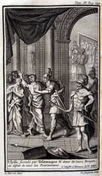 Ulysses tvåa efter Telemaque och två av deras herdar upplöste alla förföljarna. Lustration för XXII boken av Odyssee av Homere, i Odyssee, publicerad i Amsterdam 1731, Collection privee Milan.