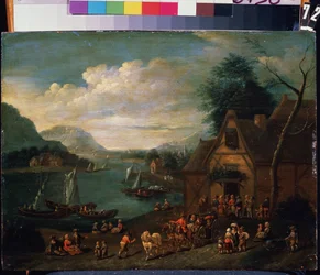 En krog vid havet. Målning av en flamländsk mästare, olja på trä, 30 x 35 cm. Flamländsk skola på 1500-1700-talet. State Museum Arkhangelskoye Estate, Moskva.