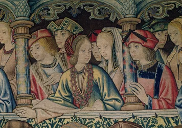 Kvinnor vid Davids hov, detalj från Davids och Batsebas gobeläng, ca 1510-15